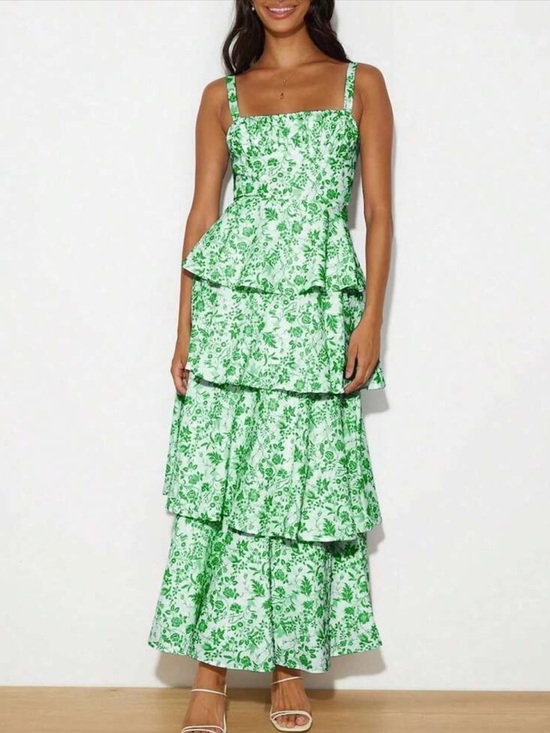 Dresses & Skirts - Green Floral Tiered Maxi Dress with Spaghetti Straps